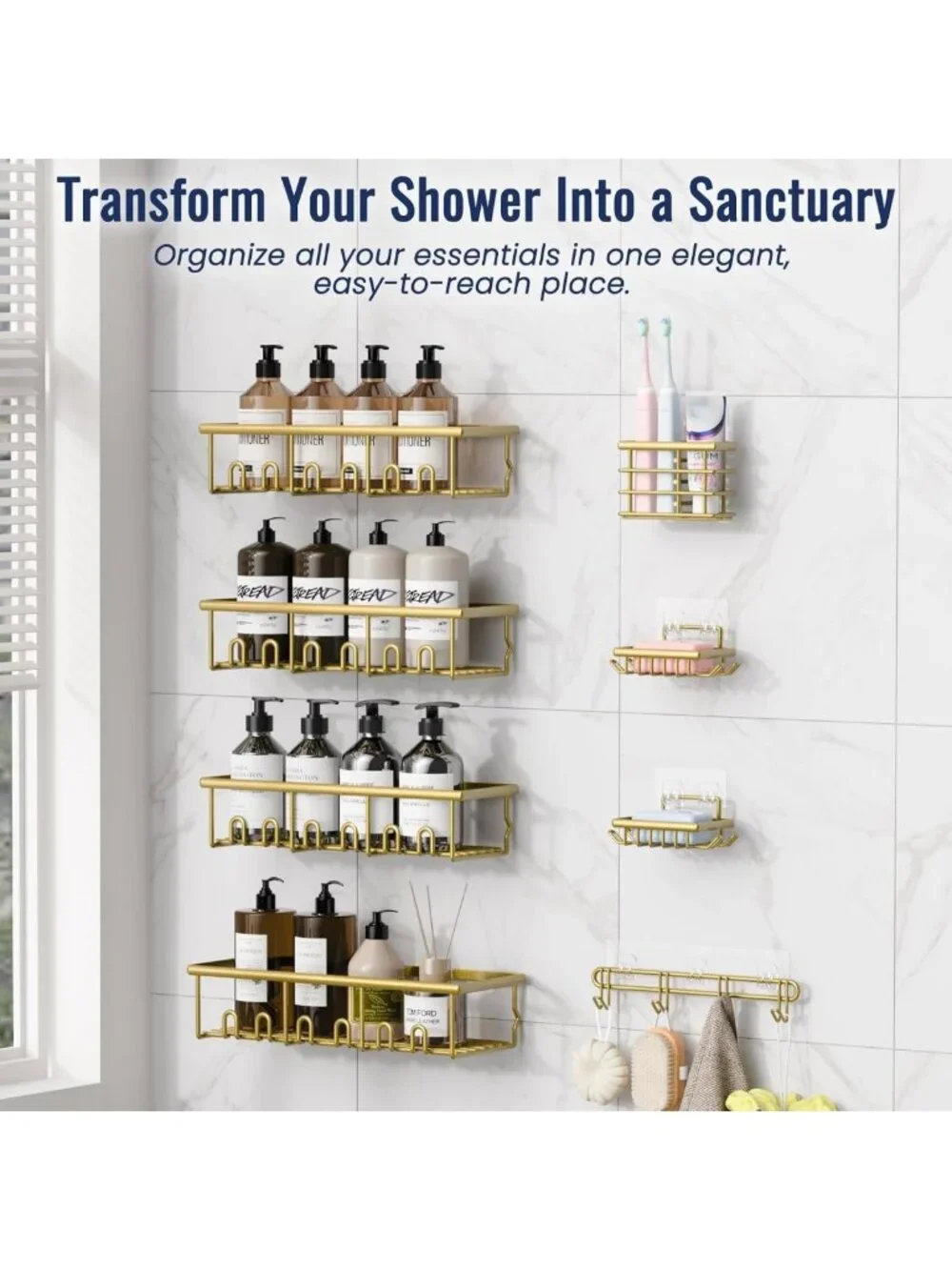 8 Pack No-Drill Shower Caddy Set - Gold Rustproof Shelves, Soap Dishes & Hooks